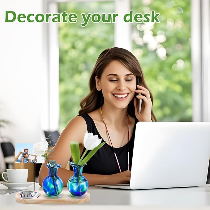 Hand Blown Glass Plant Propagation Stations Plant Terrarium Wooden Stand for Hydroponic Plants Combine Jewelry Tray and Photo Holder Office Home Garden Decor - 2 Bulb Glass Vases