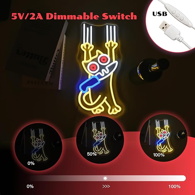 Cat Kinfe Neon Sign Dimmable Cute Cat Led Signs for Wall Decor LED USB Powered Animal Neon Light Sign for Bedroom Coffee Restaurant Kitchen Decoration Birthday Gifts