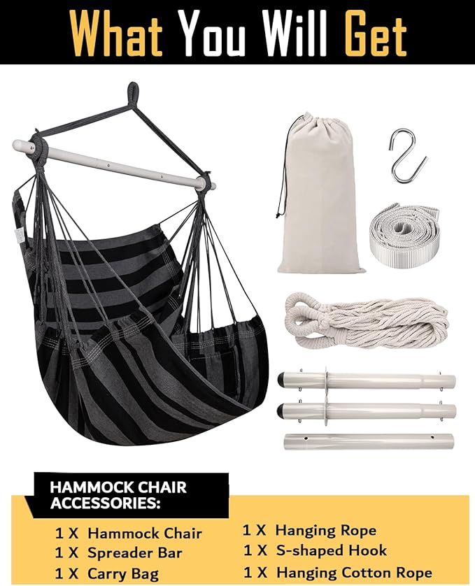 ADVOKAIR Hammock Chair Swing (500 lbs Max) - Hanging Hammock Chair Rope Swing Indoor for Bedroom, Outdoor, Patio, Bedroom, Porch, Deck - Sturdy Steel Bar with Anti-Slip Safety Rings