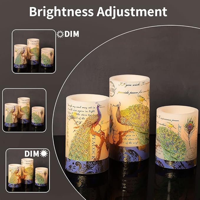 Flameless Peacock Battery Operated Candles With Remote - Flickering Pillar Real Wax LED Vintage Home Decor for Spring, Wedding, Mother's Day Gifts