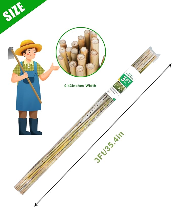 3ft Natural Bamboo Plant Stakes for Tomatoes, Beans, Flowers, Potted, Climbing Plants 25pcs