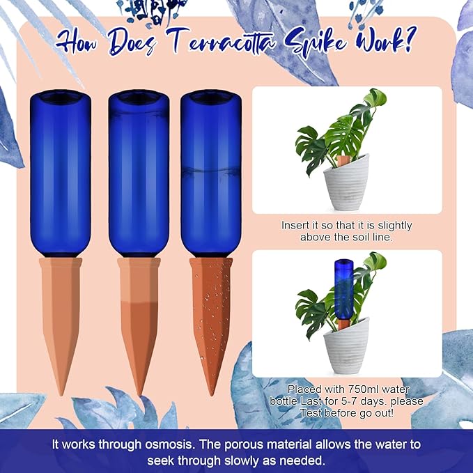 6 Sets Plant Watering Devices Include Terracotta Self Watering Spikes and 26 oz Plastic Bottles, Slow Release Vacation Insert Automatic Plant Waterer Device (Blue Green and Terracotta)
