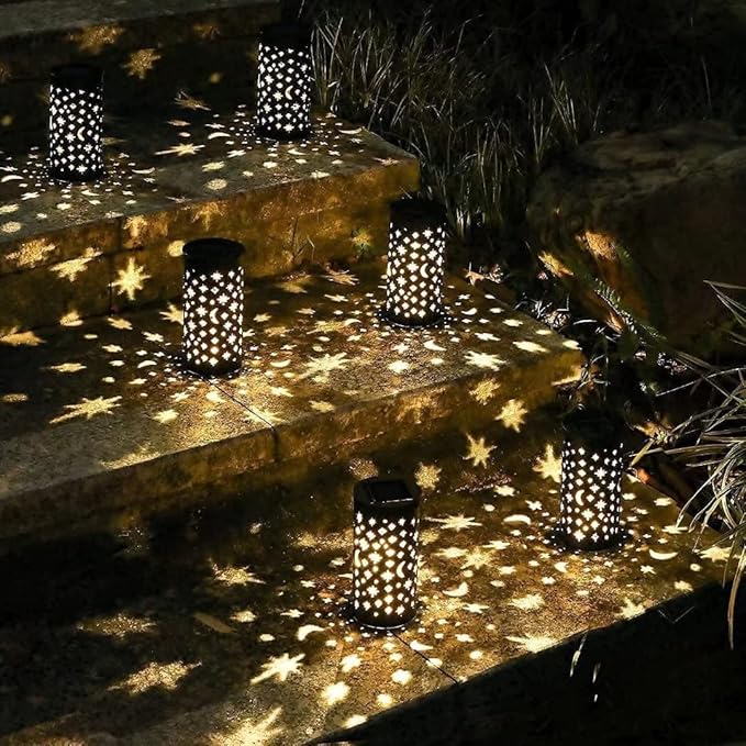 6 Pack Solar Light Outdoor Garden Patio Pathway Landscape Lights Yard Driveway Lawn Walkway Decoration Star Moon Solar Lantern Waterproof Outside Path Hanging Sidewalk Courtyard Black
