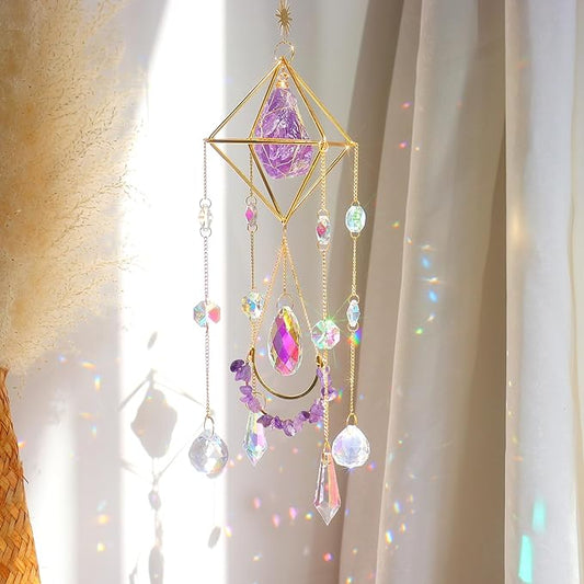 Amethyst Crystal Suncatcher - Hanging Gold Plated Garden Sun Catcher for Windows, Healing Amethyst Crystal Decor for Home, Gift for Christmas Birthday Valentine Mothers Day