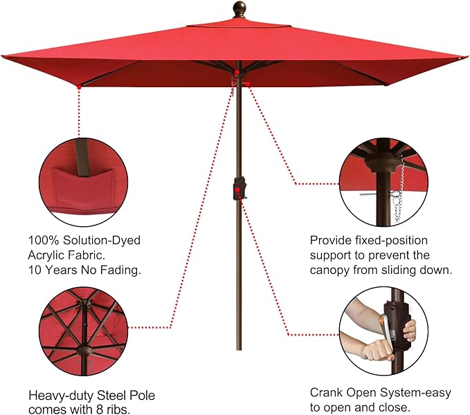 EliteShade USA 10-Year-Non-Fading 6.5x10Ft Rectangular Market Umbrella Patio Umbrella Outdoor Table Umbrella with Ventilation, Logo Red
