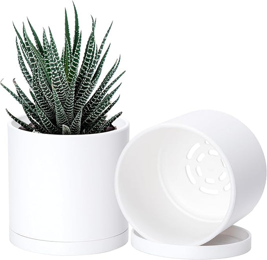 D'vine Dev 2 Pack 4.5 Inch Modern Plastic Plant Pots, Small Garden Planters for Plant with Drainage Holes and Saucers, White Color, 74-Z-F-1