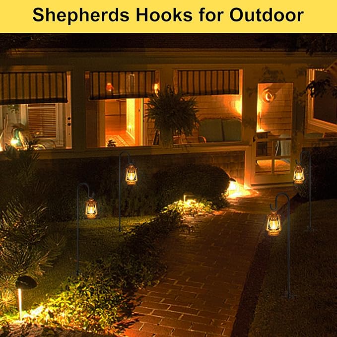 Decorative Shepherd Hooks for Garden, 94 Inch Weather-Resistant Steel – 5 Fork Base Design for Hanging Flower Baskets, Wind Chimes, String Lights – Elegant Scroll Top – Black