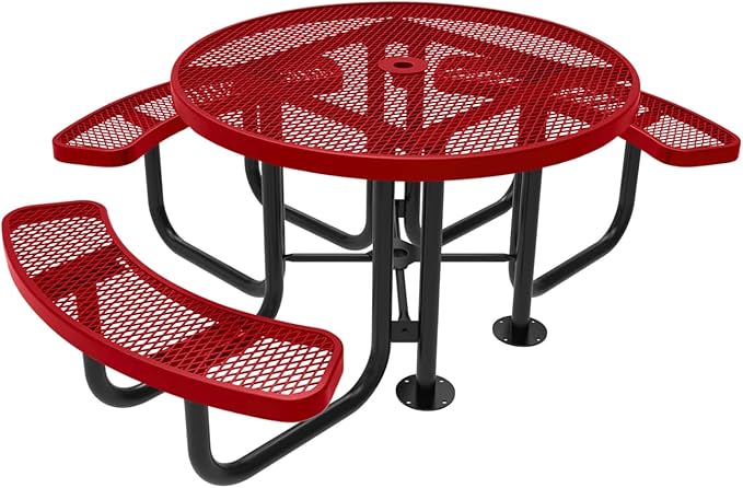 Coated Outdoor Furniture Heavy-Duty Portable ADA-Compliant Outdoor Picnic Table with Umbrella Hole, Expanded Metal Patio Dining Furniture Made in America (46" Round Top, Textured Red)