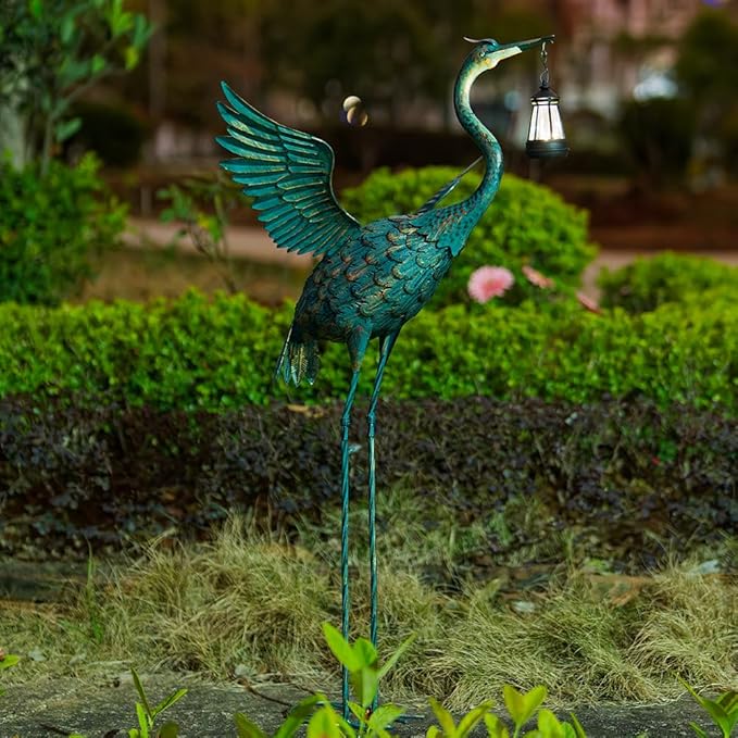 DREAMSOUL 40.5" Heron Garden Statues Large Metal Crane Outdoor Statues Standing Solar Bird Statue for Patio Pool Lawn Decoration