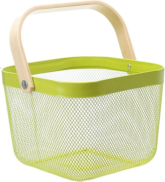 Metal Mesh Steel Basket, Storage Organizer Basket Multi-functional Hanging Kitchen Baskets Fruit Basket with Wooden Handle for Kitchen Bathroom Picnic Shopping Decor Cabinet Home, Macaron Green