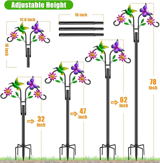 Double Shepherds Hooks for Outdoor, 78 Inch Artistic Hummingbird & Flower Design, 5 - Prong Base, Ideal for Bird Feeders, Baskets & Lanterns (2 Pack)