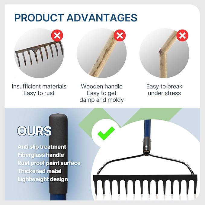 57 Inch Heavy Duty Garden Rake with Blue Fiberglass Handle - 14-Tooth Metal Yard Rake for Gardening, Farming, and Yard Work - Durable Hard Rakes for Heavy Duty Use