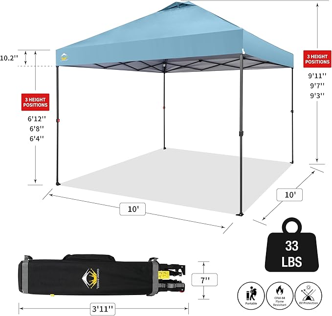 CROWN SHADES 10x10 Pop Up Canopy Tent - Patented Center Lock One Push Instant Outdoor Canopy Beach Tent with STO-N-Go Bag 8 Stakes & 4 Sand Bags，Cyan Blue