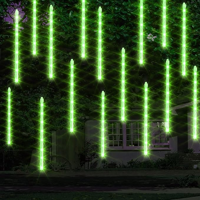 Dazzle Bright 288 LED Christmas Light, 11.8 Inch Meteor Shower Rain Lights with 8 Tubes, Waterproof Plug in Falling Rain Lights Christmas Decorations for Xmas Bushes Tree Yard Party (Green)
