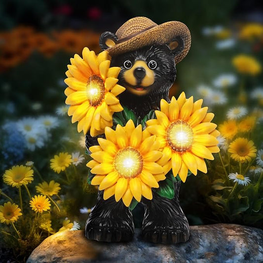 Bear Statue with Sunflowers LED Light 7.2" Solar Lamp Outdoor Garden Patio Yard Porch Lawn Decor Waterproof Resin Black Bear Figurine Unique Garden Gifts for Women Mom Grandma Sister
