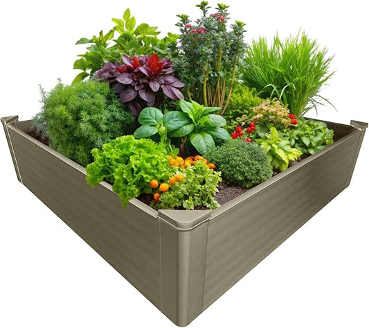 Raised Garden Bed - 4x4 ft Planter Box - Weathered Wood HDPE - No Tools Needed - DIY Kit for Urban Gardening, Flowers, Herbs & Vegetables - Made in The USA