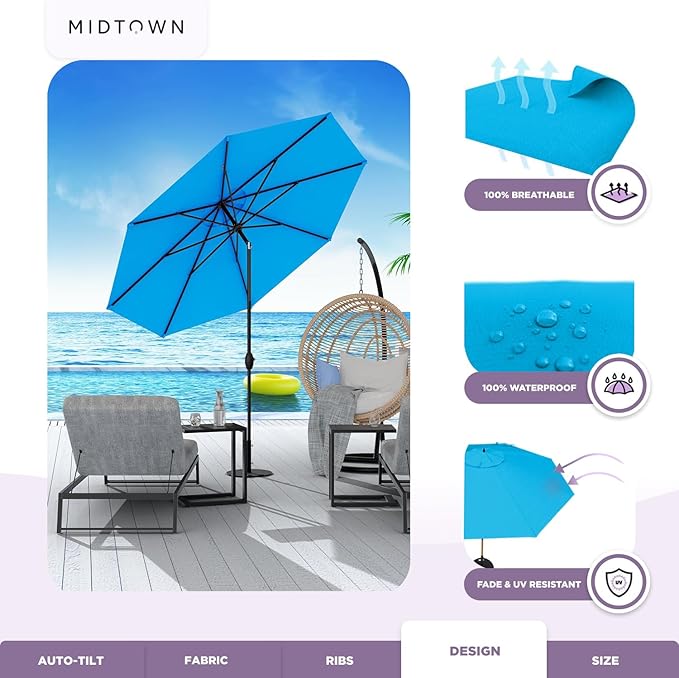 Midtown Umbrellas 10-Year-No-Fade - 6 Ft - UV Proof Blue Polyester Fabric - Umbrella Outdoor Patio, Auto-Tilt Aluminum Frame Large Patio Umbrella for Garden, Pool & Deck - Black Pole
