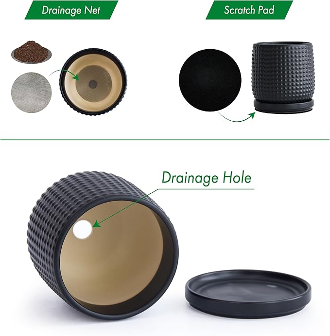 D'vine Dev 4 Inch Ceramic Beaded Stoneware Planter Pot - Flower Pot with Drainage Holes and Saucers for Indoor Succulent Plants or Flowers, Ebony Matte, 27-C-Z-6