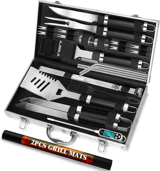 ROMANTICIST 30pcs BBQ Grill Tool Set for Men Dad, Heavy Duty Stainless Steel Grill Utensils Set, Non-Slip Grilling Accessories Kit with Thermometer, Mats in Aluminum Case for Fathers Day Black