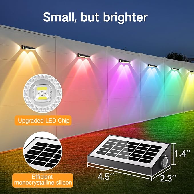 OUTON Solar Fence Lights Outdoor, 3-Side RGBCW Fence Light Solar Powered, 10 Modes Dusk to Dawn Auto ON/Off Deck Lights, IP65 Waterproof Outside Light for Garden Step Patio Backyard Wall, 8-Pack