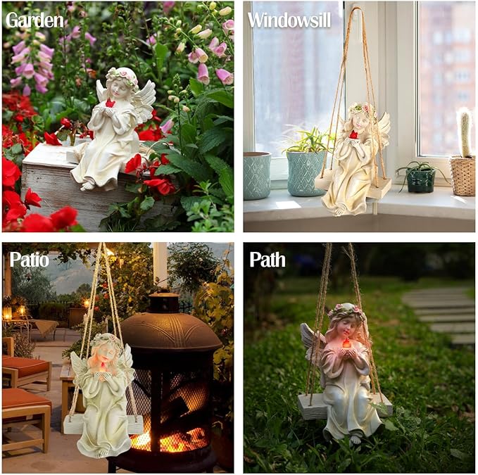 Angel Garden Statue,Fairy Solar Garden Decor with Warm Light,Waterproof Angel Statue with Swing & Holding Bird,Outdoor Garden Decor for Lawn Yard Patio Windowsill Garden Gifts, Apricot