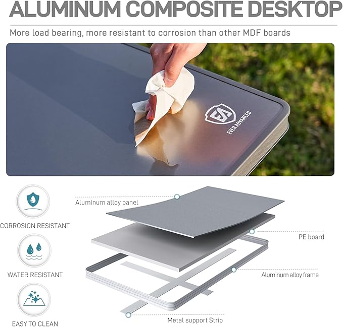 EVER ADVANCED Large Camping Table for 4-6 Person, Portable Folding Aluminum Table with Carrying Handle, Suitable for BBQ, Picnic, Camping and Indoor Use, Support up to 130LBS, Gray