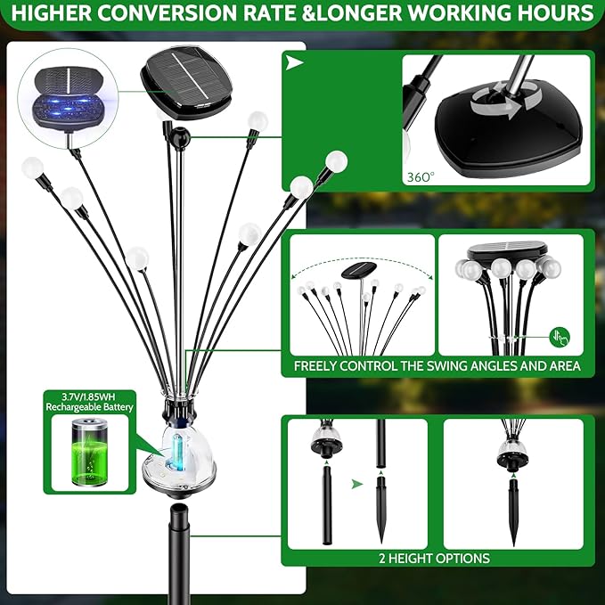 AOSEA Larger Bulbs Solar Garden Lights Outdoor, 2 Pack 18 LED Solar Firefly Lights Fairy Swaying by Wind for Outside, IP67 Waterproof,for Patio Garden Yard Walkway Sidewalk, Black