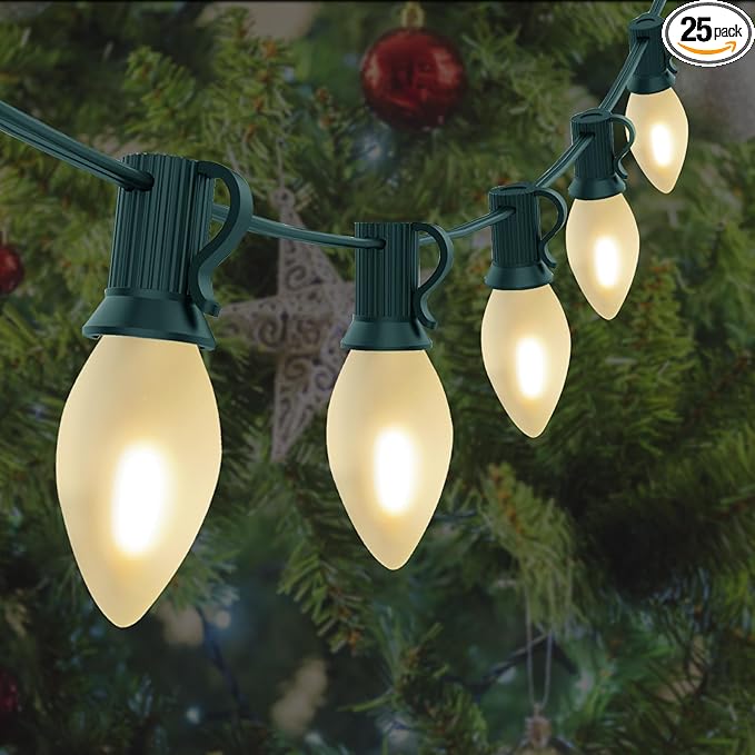 C7 LED Frosted White String Lights Outdoor 25Ft Christmas Decorations String Lights with 27 LED Frosted White Bulbs Hanging Vintage Christmas Lights for Outdoor Patio Garden Backyard Roofline, Green