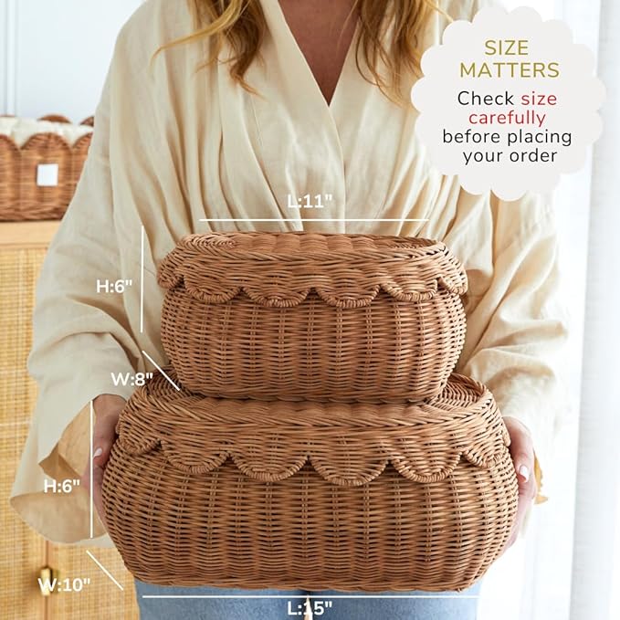 BEBE BASK The Original Scalloped Basket Set Of 2 - Small Scallop Basket - 15 x 10 x 6 In - Hand-Woven & Award-Winning - Elegant Wicker With Scalloped Edge Lid - Nursery Storage - (Mocca)