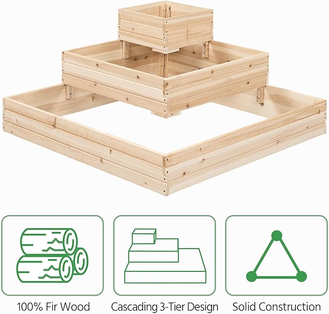 Yaheetech 3 Tier Wooden Raised Garden Bed 44.5'' L×44.5W×20.5×H, Horticulture Open-Bottom Planter Raised Garden Bed for Flowers/Herbs/Vegetables Planter Flower Box