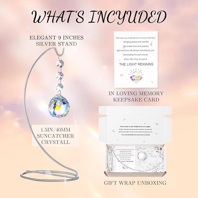 9-Inch Sympathy Gifts for Loss of Loved One,Memorial Gifts,40mm Crystal Suncatcher,Bereavement Gift Ideas,Condolences Gift for Mom Dad Friend Son Daughter Dog,Silver Stand and a Sympathy Card