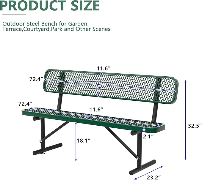 Heavy Duty Park Bench with Back Portable Frame, Outdoor Steel Bench with Backrest, Outdoor Park Bench Expanded Metal Mesh Bench for Lawn, Park, Deck, Garden, Patio, Porch, Black (Green, 6FT)