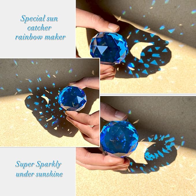 Fonmy Gazing Ball Spiral Tail -Decorative Wind Spinner Sun Catcher Rainbow Maker 11 inch Tail and 2 inch Peacock Blue Crystal Orb. Indoor Outdoor Garden Decoration -13 inch Height