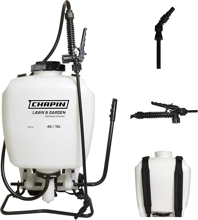 Chapin 60114 Made in USA 4-Gallon Backpack Sprayer with 3-Stage Filtration System Pump Pressured Sprayer, for Spraying Plants, Garden Watering, Lawns, Weeds and Pests, Translucent White