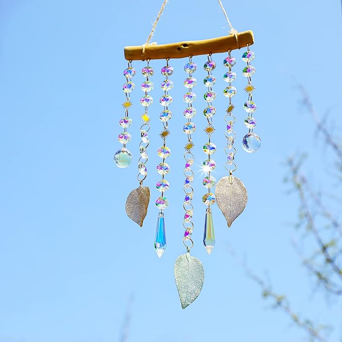 HDCRYSTALGIFTS Hanging Window Suncatcher Rainbow Maker Glass Crystal Mobile Wind Chimes with AB Prisms & Natural Leaf Drops Autumn Home Wall Art Decoration Gift