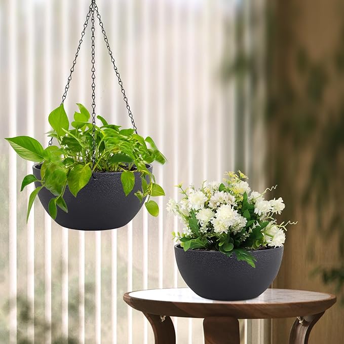 10 inch Hanging Planters for Indoor Outdoor Plants, 2 Pack Hanging Flower Pots with Drainage Holes and Chain for Garden Porch Plants, Round Plastic Hanging Baskets for House Plants, Black