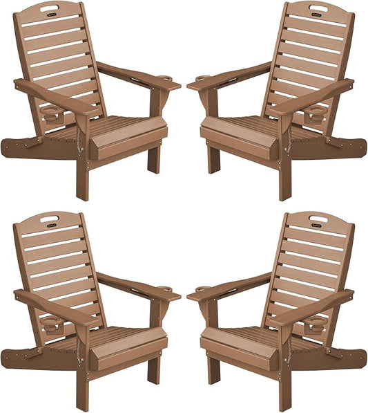 Adirondack Chairs Set of 4, Outdoor Fire Pit Chairs, HDPE All-Weather Adirondack Chairs with Cup Holder, Lawn Chair for Deck, Patio, Garden (Teak)