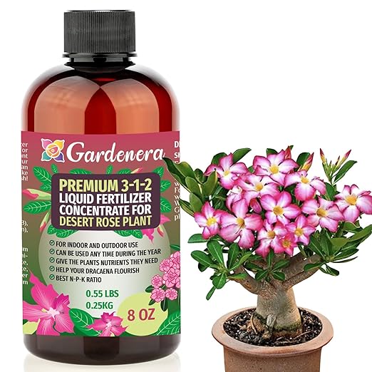 Premium Liquid Desert Rose Plant Fertilizer - 3-1-2 Concentrate for Indoor Plants and Flowers by Gardenera | Organic Plant Food for Desert Roses - 8oz