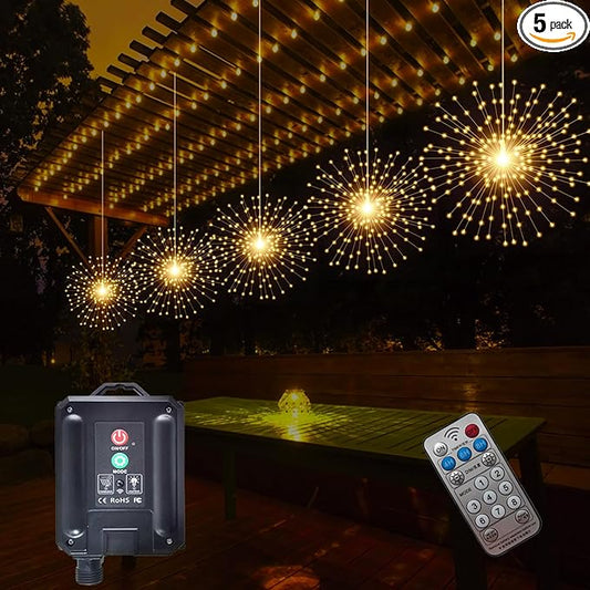 5 Pcs 1000LED Solar Starburst Sphere Lights,Firework Lights Remote Control Timer 8 Modes Dimmable Waterproof Hanging Fairy Lights, Sparkly Lights for Patio Garden Tent Outdoor(Warm White)
