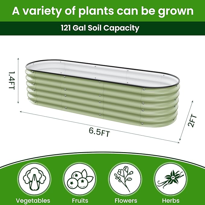 6.5X2X1.4 FT Raised Garden Bed for Outdoors - Galvanized Planter Raised Beds, Metal Planter Box for Vegetables,Flowers, Herbs, and Succulents(Light Green)
