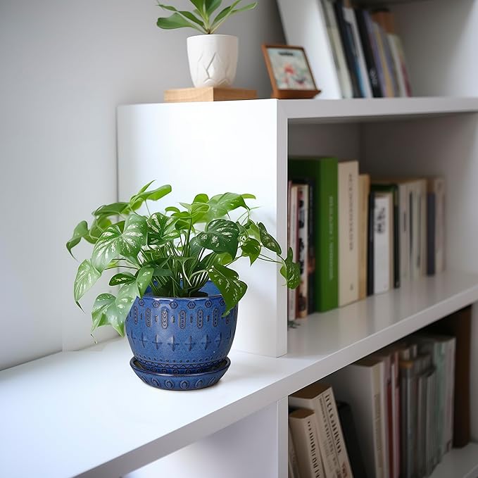 G EPGardening Plant Pot 5 Inch - Ceramic Planter for Indoor Plants Outdoor, Succulent Orchid Pot with Drainage Hole and Saucer, Round Flower Pot for Home Decor, Blue