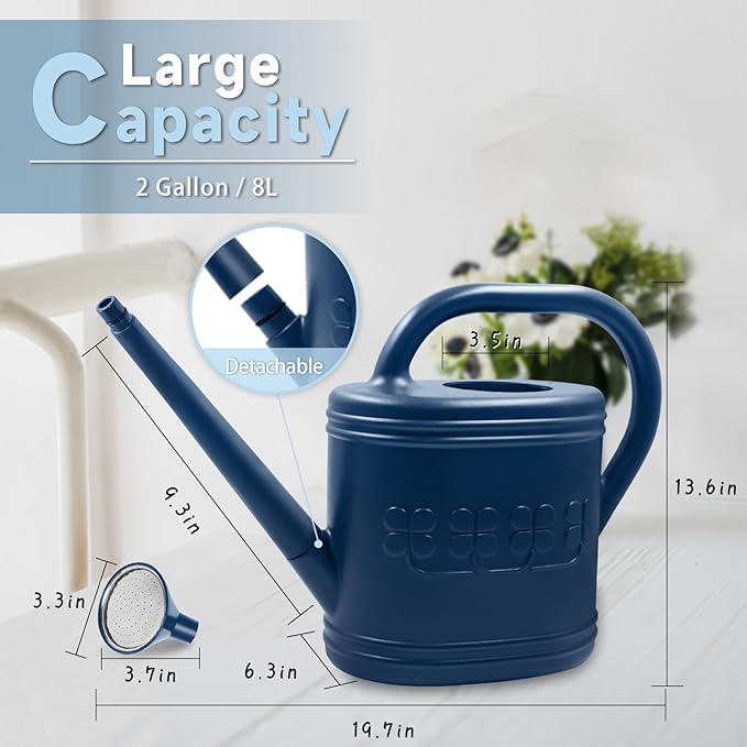 2 Gallon Watering Can, Outdoor Watering Can for Plants, Garden Water Can with Removable Long Spout and Stainless Steel Sprinkler Head, Large Water Can for Greenhouse (Dark Blue, 2 Gallon)