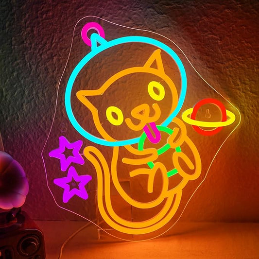 Astronaut Boba Tea Cat Neon Sign Cat Neon Lights for Wall Decor Cute Kitty with Stars Asteroids Anime Led Light Sign for Kids Bedroom Dimsum Store Cofes Bar Milk Tea Shop