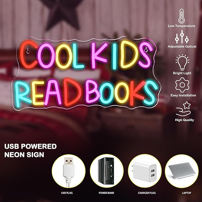 Cool Kids Read Books Neon Sign Reading Corner for Kids Neon Signs for Wall Decor LED Light Library Classroom Book Club Christmas Gift for Kids & Teens(5V2A)
