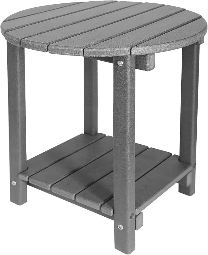 Adirondack Round Outdoor Side Table 2-Tier Storage Patio Side Table, HDPE End Tables for Backyard Pool Porch Garden Lawn (Grey)