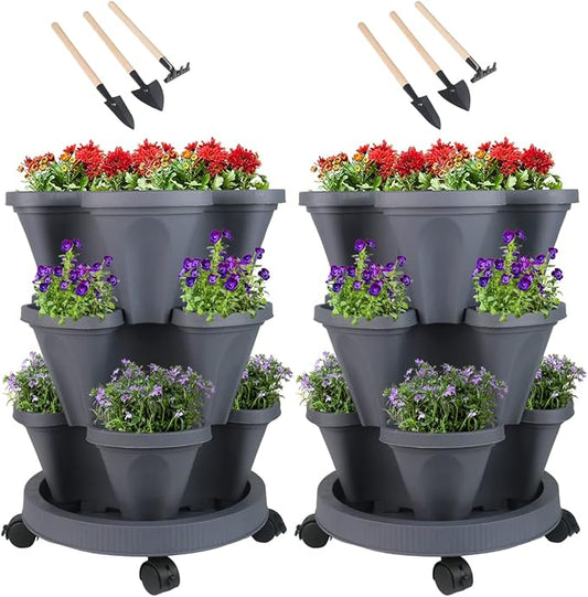 Vertical Planter 3 Tier Stackable Planters Garden Planters Strawberry Herb Flower and Vegetable Planter Indoor Outdoor Gardening Pots with Removable Wheels and Tools