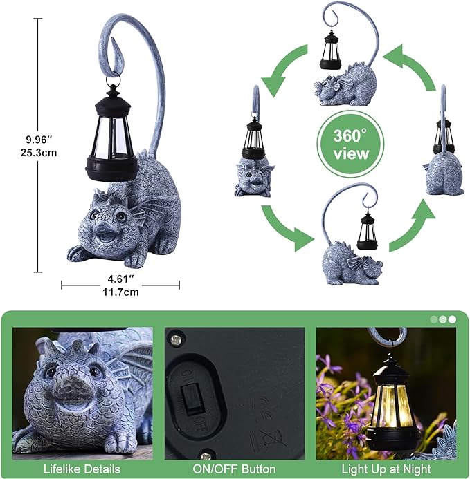 Baby Dragon Statue with Solar Lantern - Dragon Garden Decor and Housewarming Gifts for Mom, Women - Outdoor Dragon Gifts for Yard
