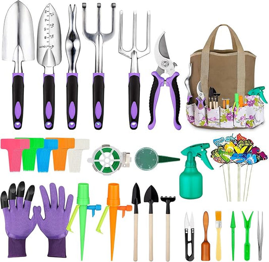 Garden Tools Set 83 Piece, Succulent Tools Set Included, Heavy Duty Aluminum Gardening Tools for Gardening, Non-Slip Ergonomic Handle Tools, Storage Tote Bag, Gifts Tools for Women