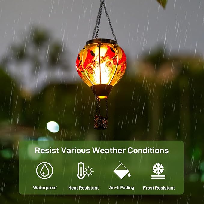 2 PCS Cardinal Solar Hot Air Balloon Lantern with Flame, Glass Balloon Lantern Outdoor Waterproof, Hanging Hot Air Balloon Solar Light, Cardinal Gifts for Mom Woman