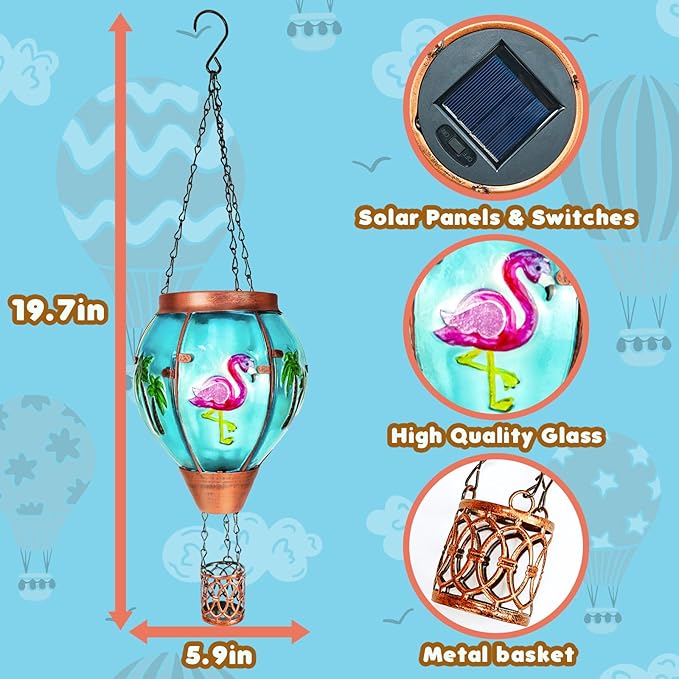 Flamingo Solar Hot Air Balloon Lantern, Outdoor Decor with Flame Lights Waterproof, Hanging Lights for Garden Yard Lawn Patio, Unique Gifts for Women Mom Grandma Gardener for Mother'Day